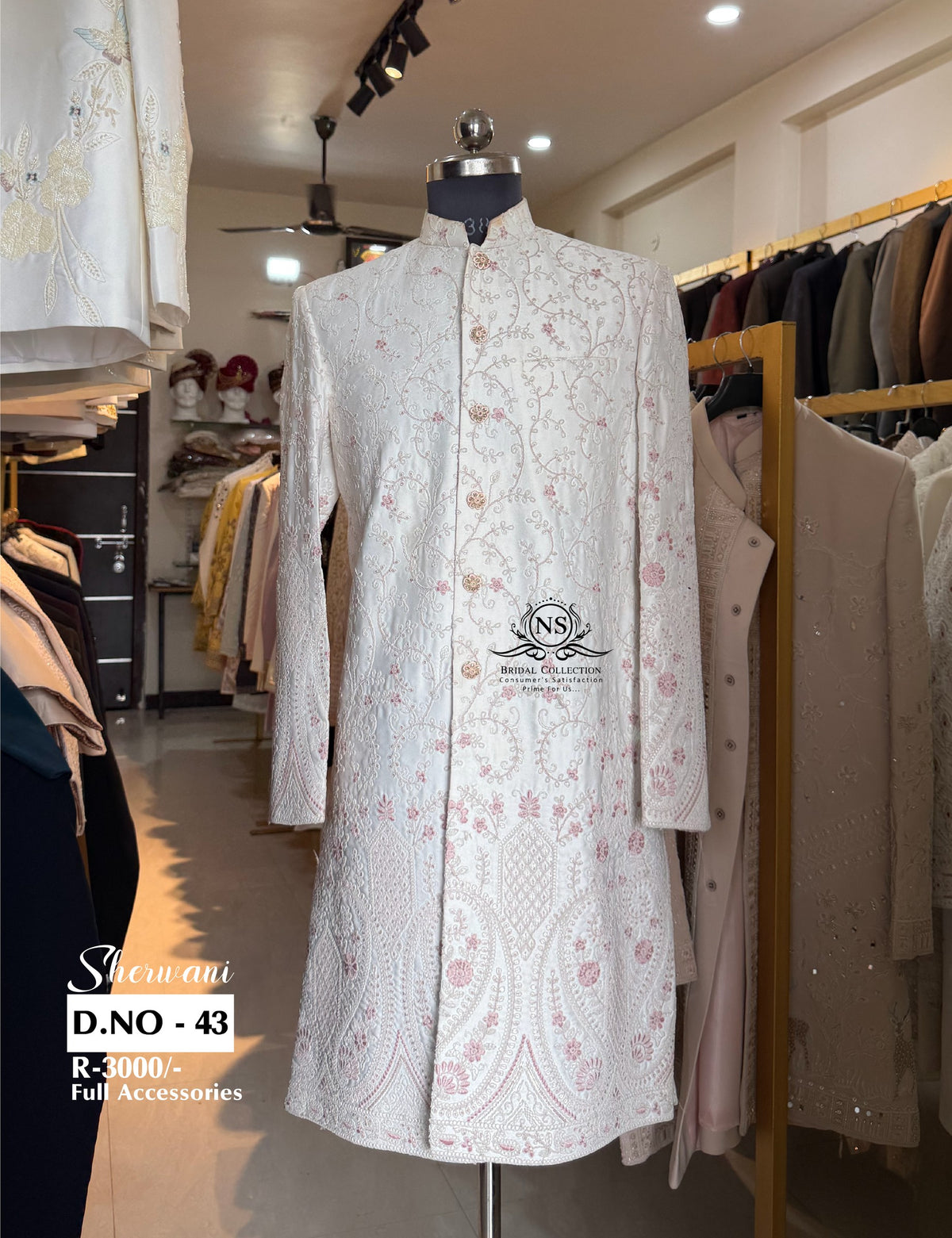 White with Baby Pink Floral Embroidery Sherwani - D.NO. 43 for groom – NS Bridal & Groom Collection
