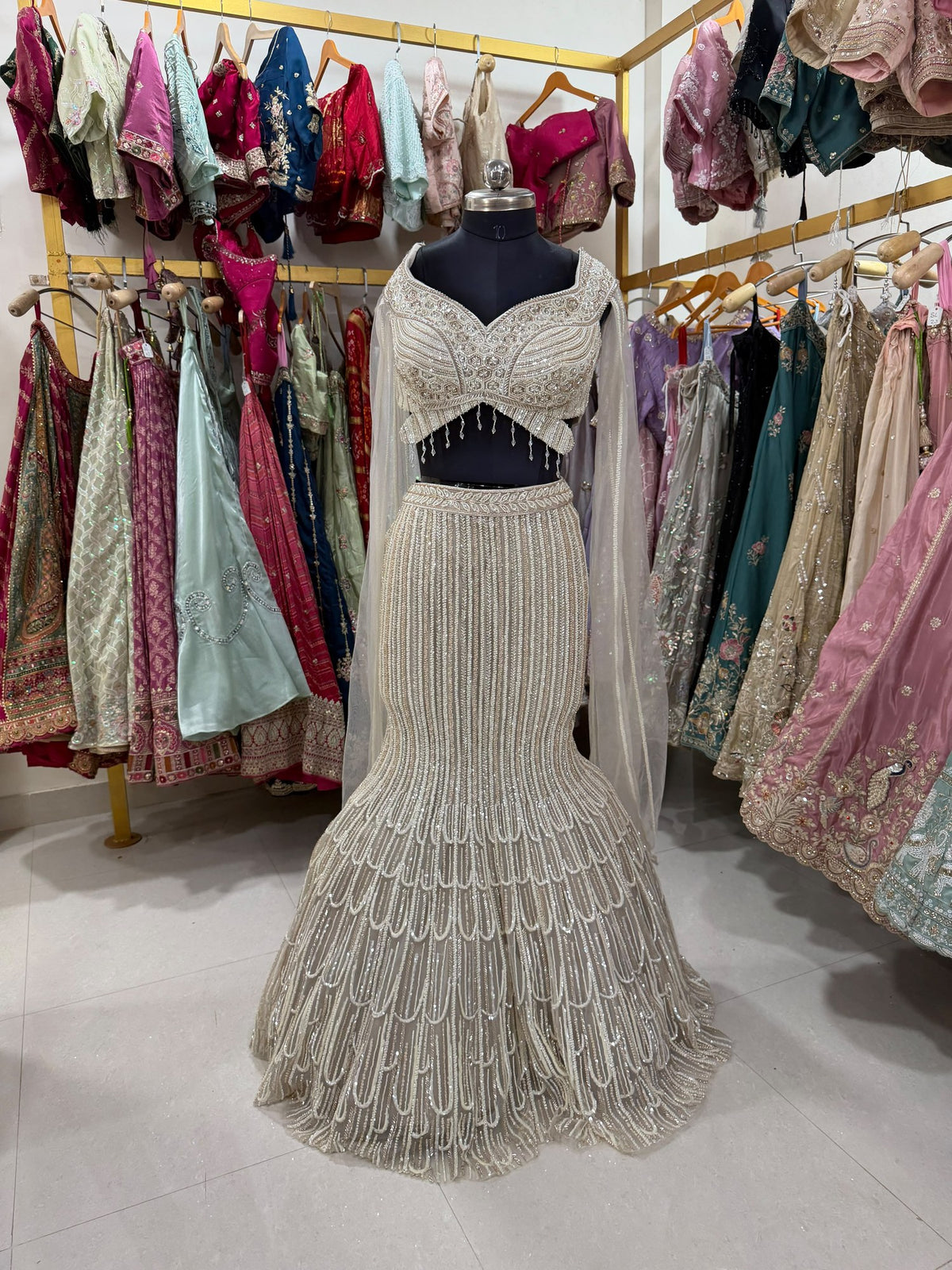 White Shimmer Fishcut Western Fishcut Lehenga – D.NO. 05 – NS Bridal & Groom Collection