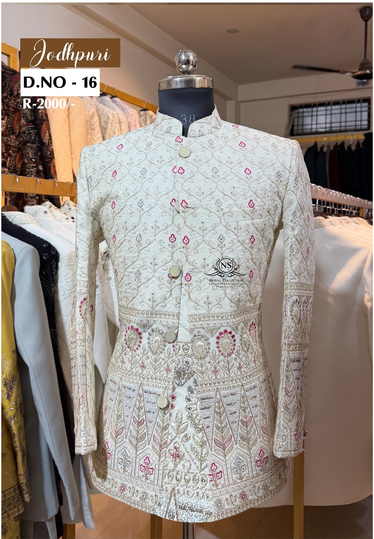 White Zari Embroidered Jodhpuri Suit with Rani Accents - NS Bridal & Groom Collection