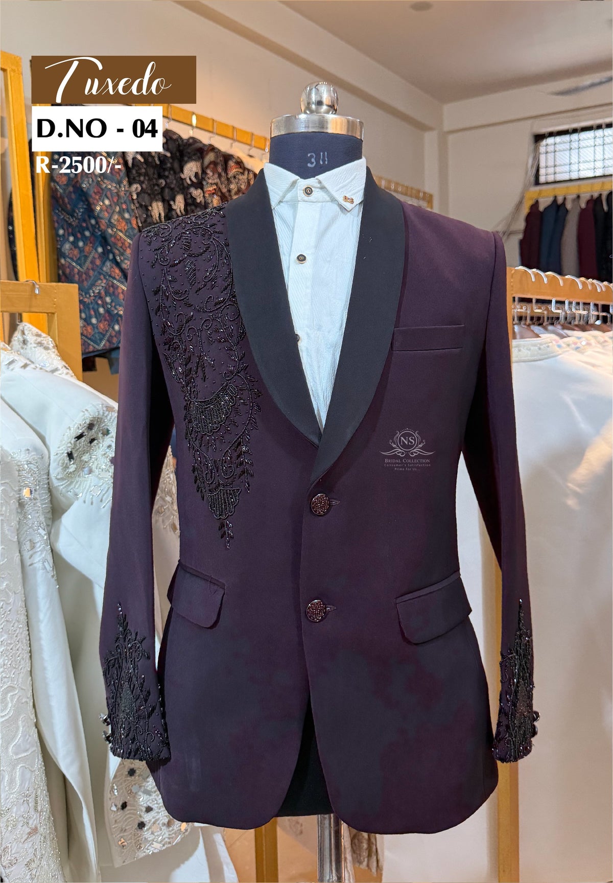 Deep Burgundy Floral Embroidered Tuxedo - D.NO. 04 for groom reception – NS Bridal & Groom Collection