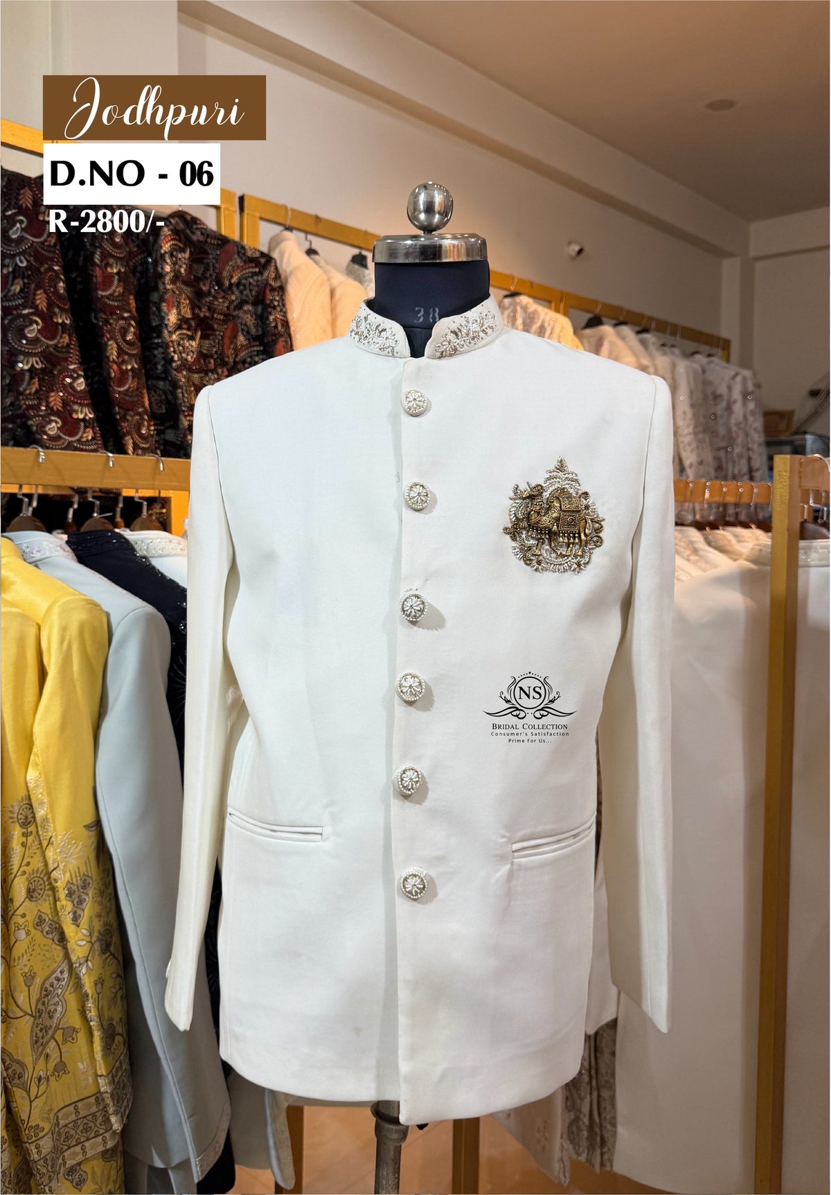 White Bandhgala Jodhpuri Suit with Camel Metal Brooch - NS Bridal & Groom Collection