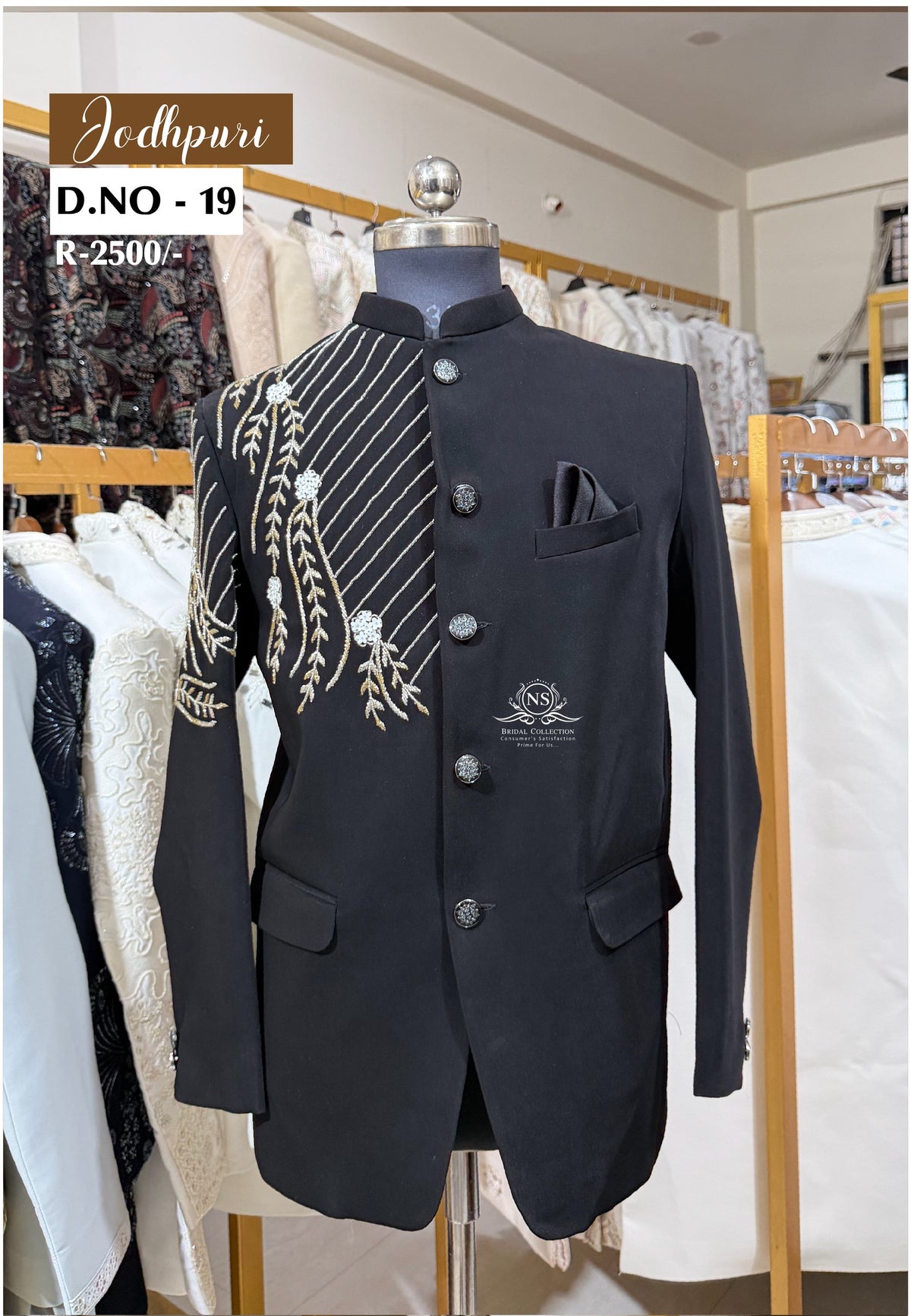 Black Armani Fabric Jodhpuri Suit with Golden Handwork - NS Bridal & Groom Collection