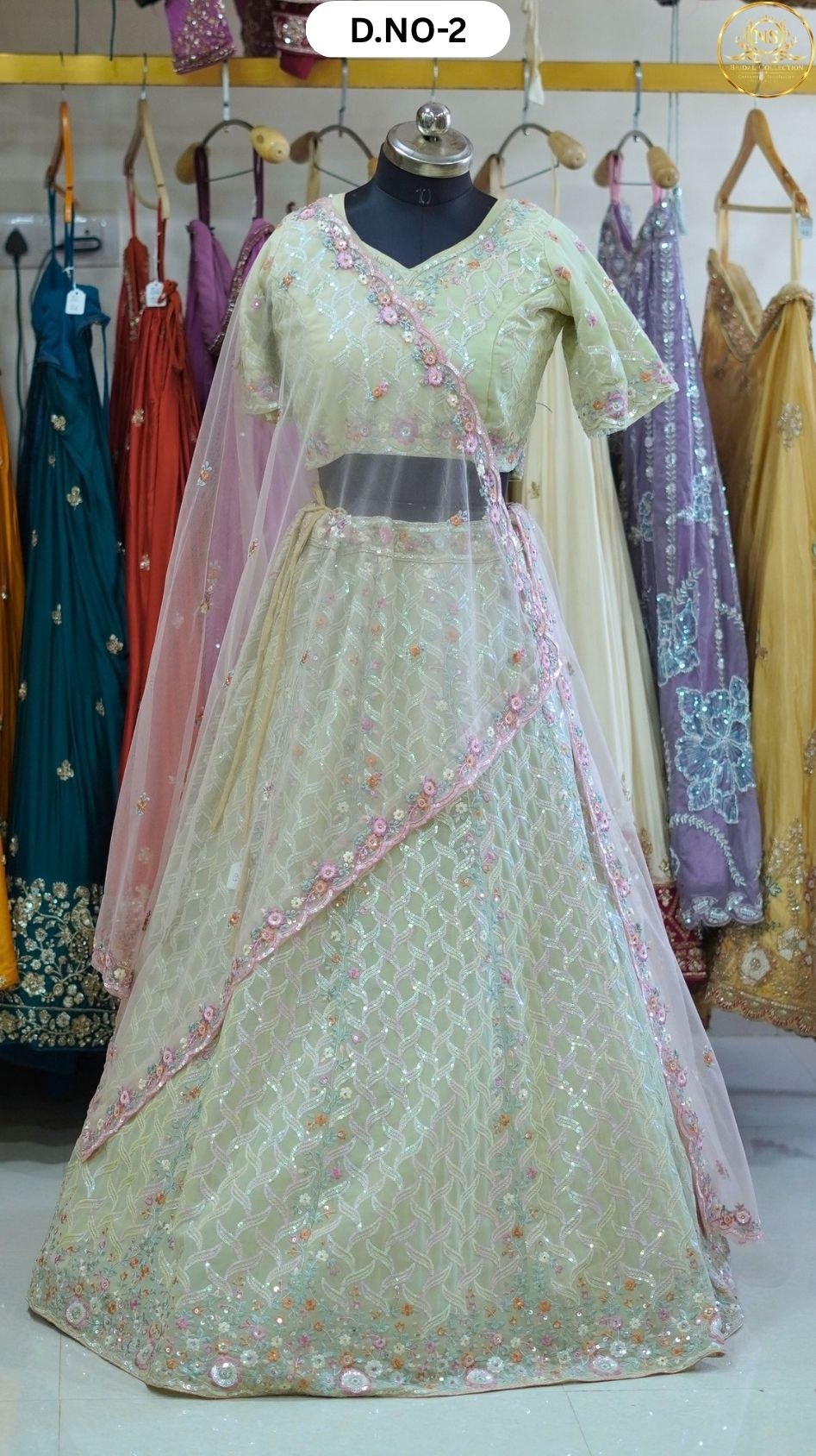 Mint Green Multi Small Flower Sider Lehenga – D.NO. 02 – NS Bridal & Groom Collection