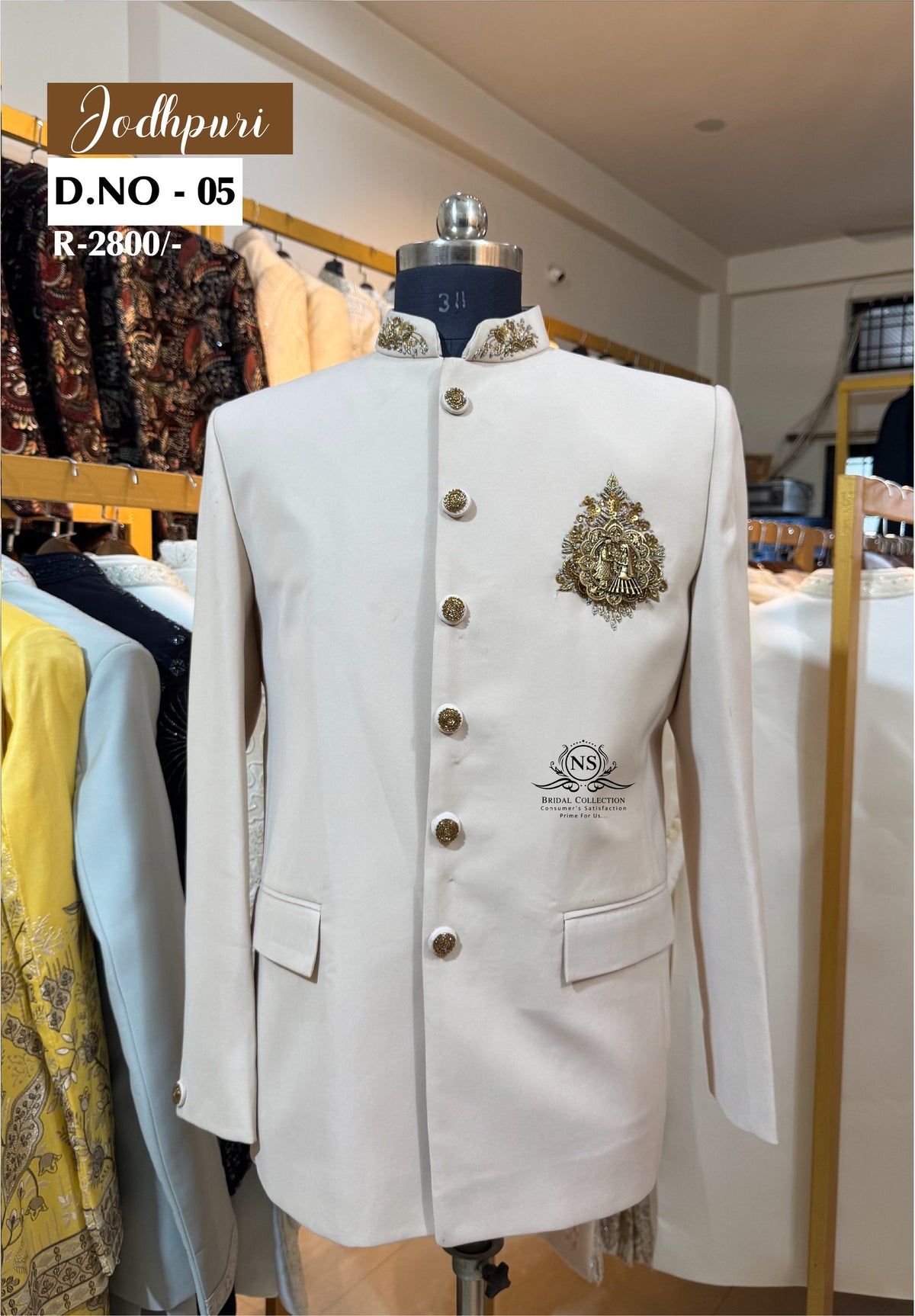 Peach Bandhgala Jodhpuri Suit with Metal Brooch Accent - NS Bridal & Groom Collection