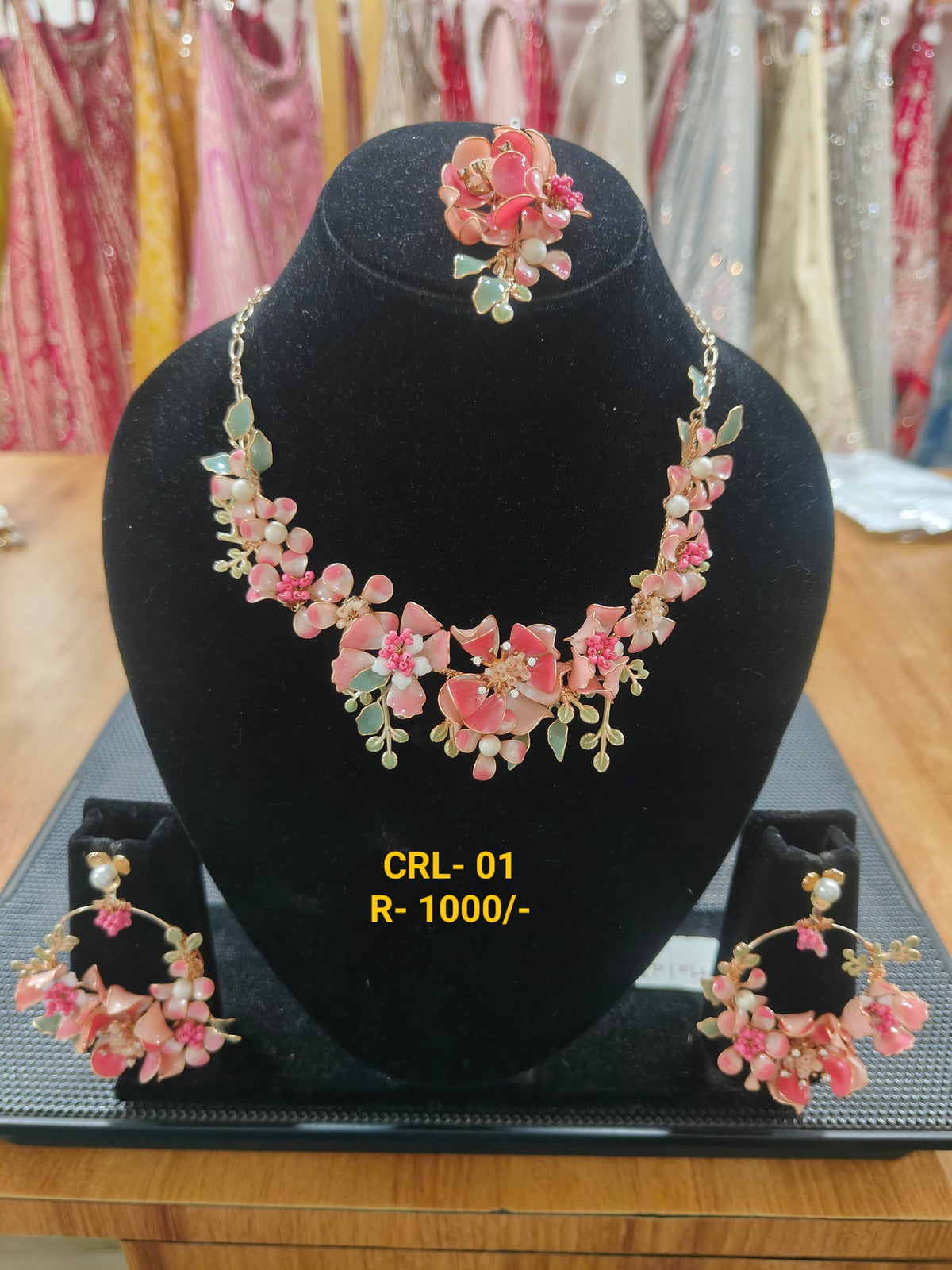 Rezin Art Pink Flower Floral Jewellery Set – CRL-J-01 – NS Bridal & Groom Collection