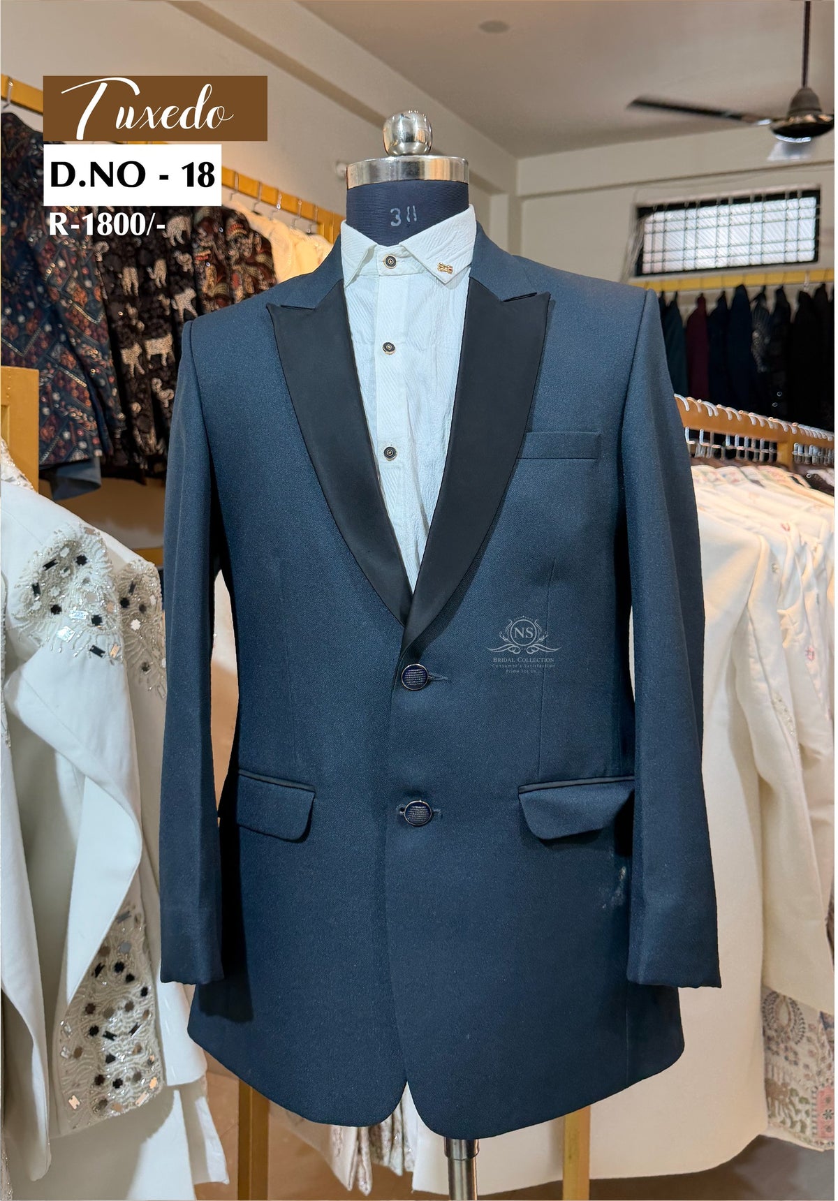 Navy Blue Texture Black Satin Lapel Tuxedo - D.NO. 18 – NS Bridal & Groom Collection