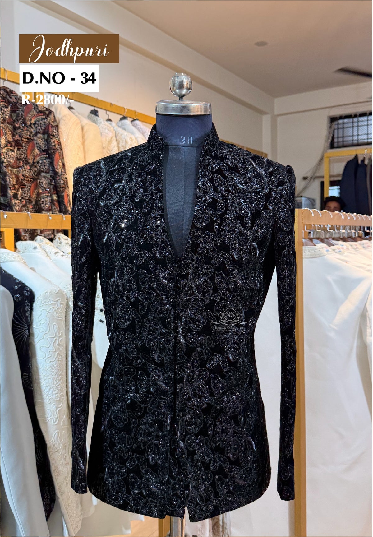 Black Velvet V-Shape Sparkle Embroidered Jodhpuri Suit - NS Bridal & Groom Collection