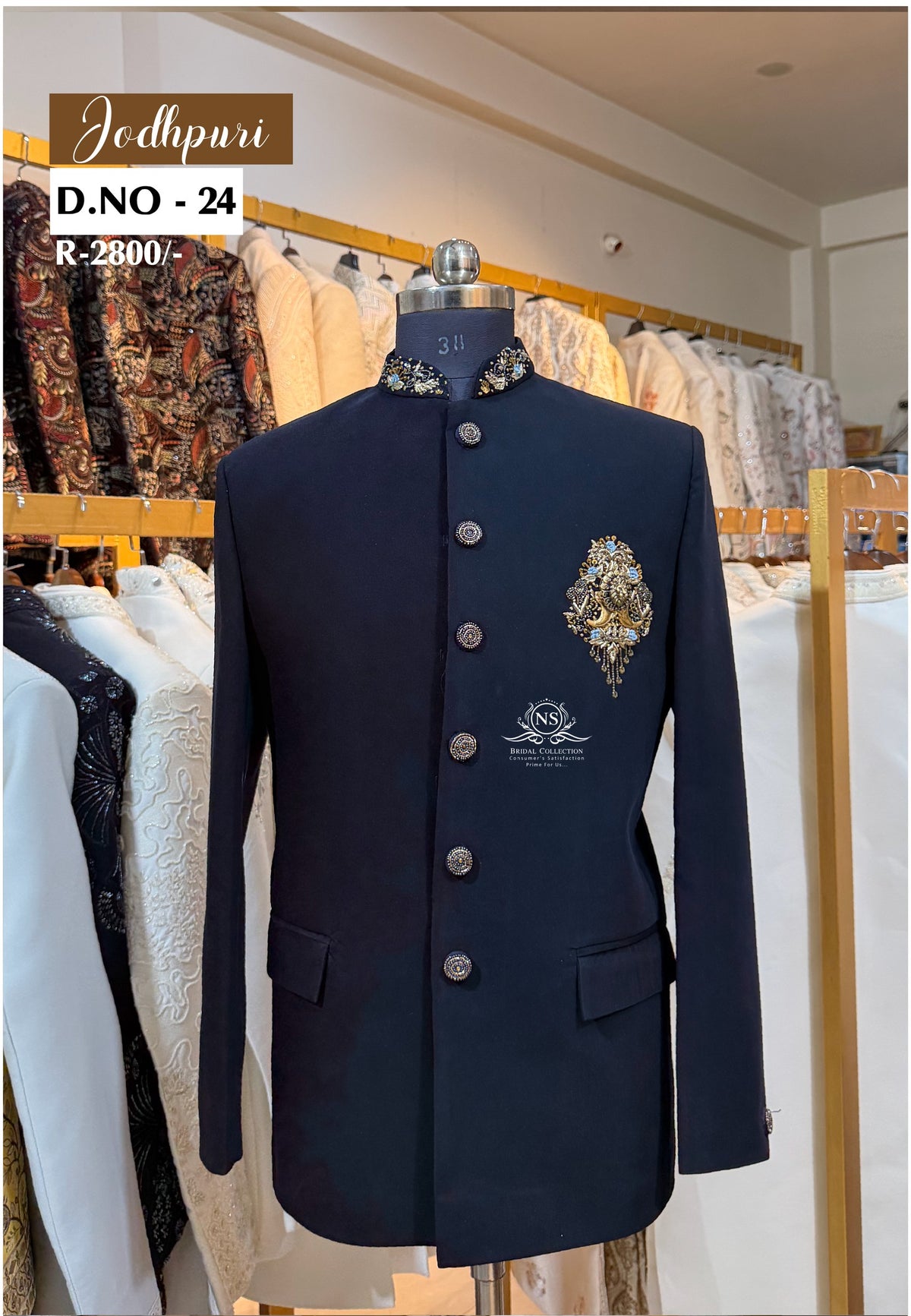 Navy Blue Bandhgala Jodhpuri Suit with Lion Metal Brooch - NS Bridal & Groom Collection