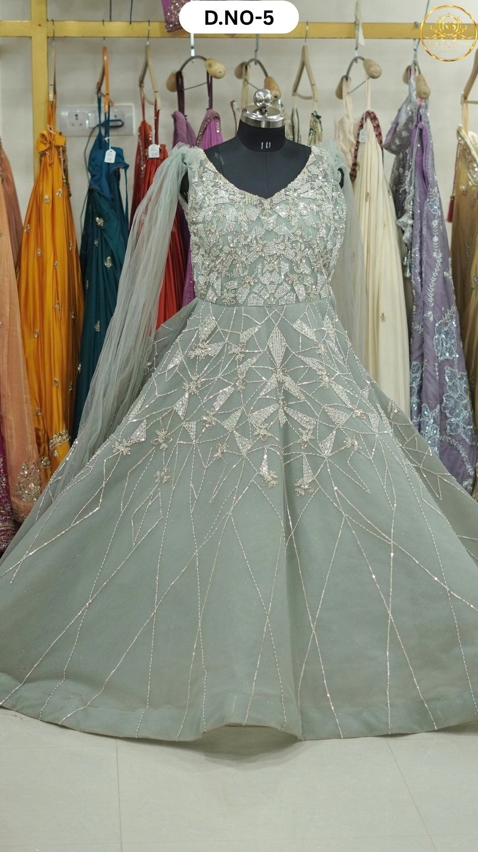 Mint Pista Green Heavy Flair Evening Gown – D.NO. 05 – NS Bridal & Groom Collection
