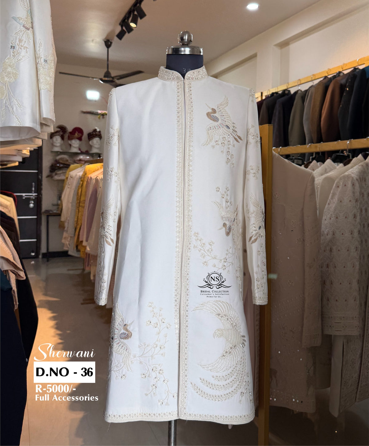 Ivory Sparrow Motif Bead Work Sherwani - D.NO. 36 for groom – NS Bridal & Groom Collection
